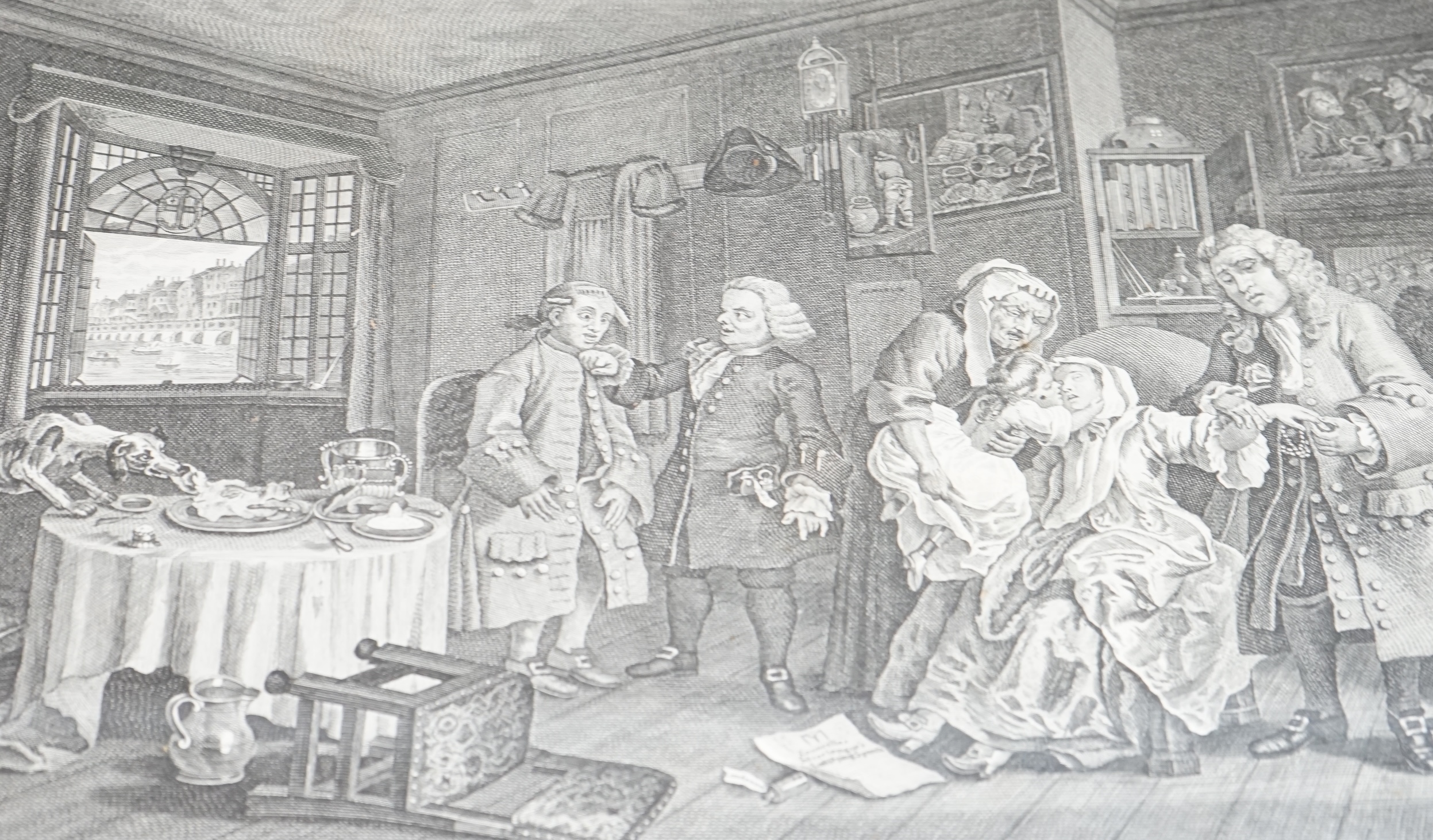 After William Hogarth (1697-1764), set of six satirical engravings, ‘Marriage a la Mode’, printed for Robert Sayer and Carington Bowles, London, 30 x 40cm. Condition - fair